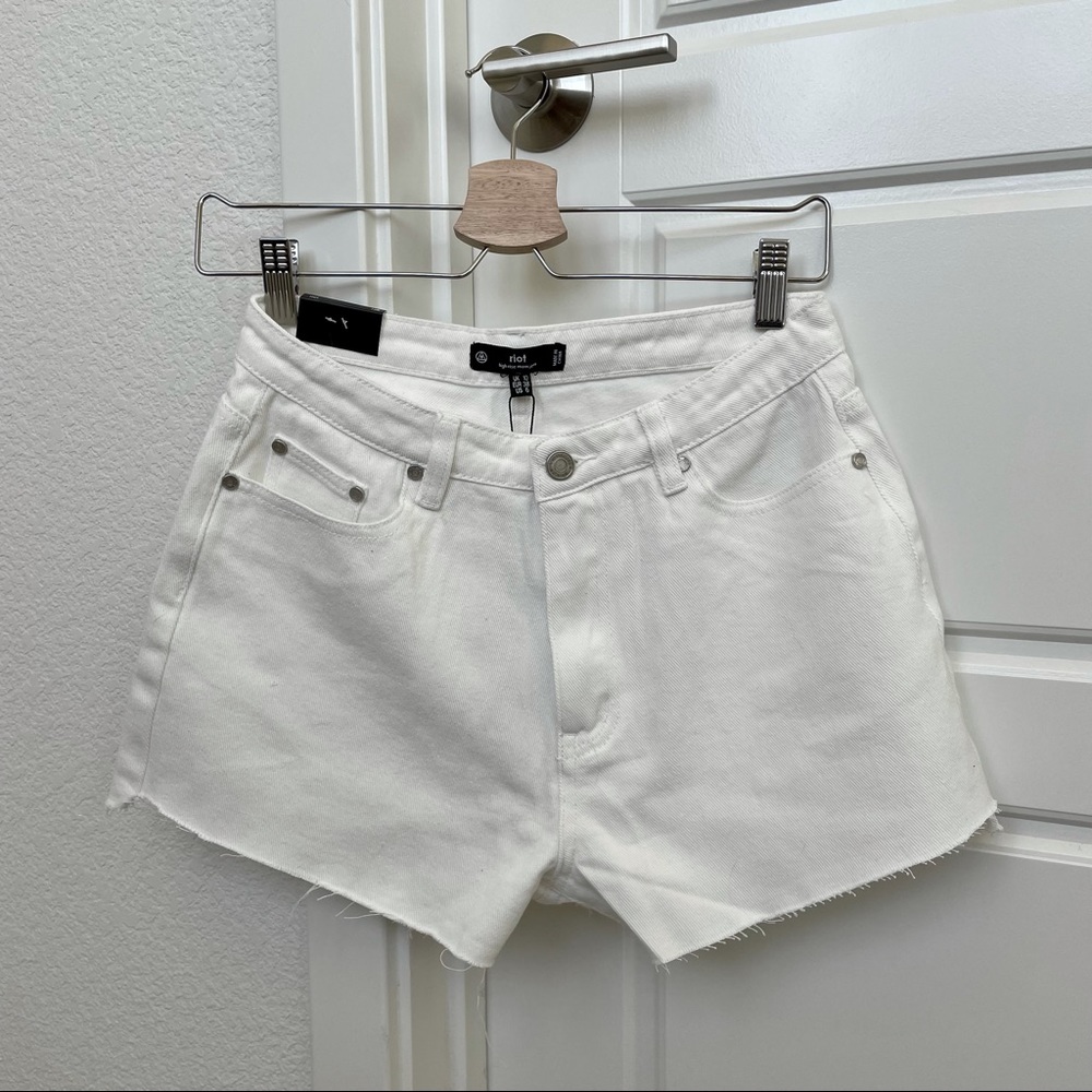 Missguided white raw hem high rise denim shorts